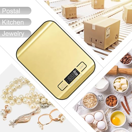 Digital Shipping Scale,Stainless Steel Panel, Accurate Portable Postal Scale for Packages, Small Business,Kitchen, Food, Handmade, Liquids, and Boutique (Mirror Gold Battery(5kg/1g))