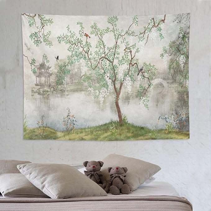 HZOHNAGO Japanese Tapestry Tree Misty Garden Lake Printed Wall Tapestry Ink Painting Wall Hanging for Bedroom Living Room Dorm 80" W x 60" H