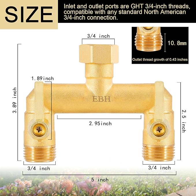 EBH Garden Hose Splitter, Full Flow Outdoor Faucet Splitter, 2-Way High Flow Brass Heavy Duty Hose Splitter with Long Metal Handle。