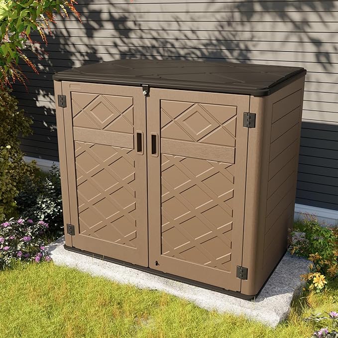 KINYING Larger Outdoor Storage Shed Weather Resistance, Resin Sheds & Outdoor Storage for Garden, Patios, Backyards, 48 Cu.Ft Tool Shed for Garbage Cans, Lawn Mower, Garden Tools,Brown