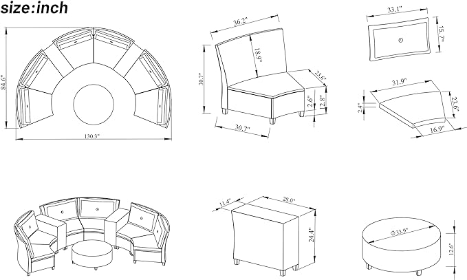 9 Pieces Outdoor Furniture Half Moon Wicker Patio Sets with Coffee Table, All-Weather Fan-Shaped Curved Sectional Sofa Couch with Gray Cushions, Onesize, Brown Rattan