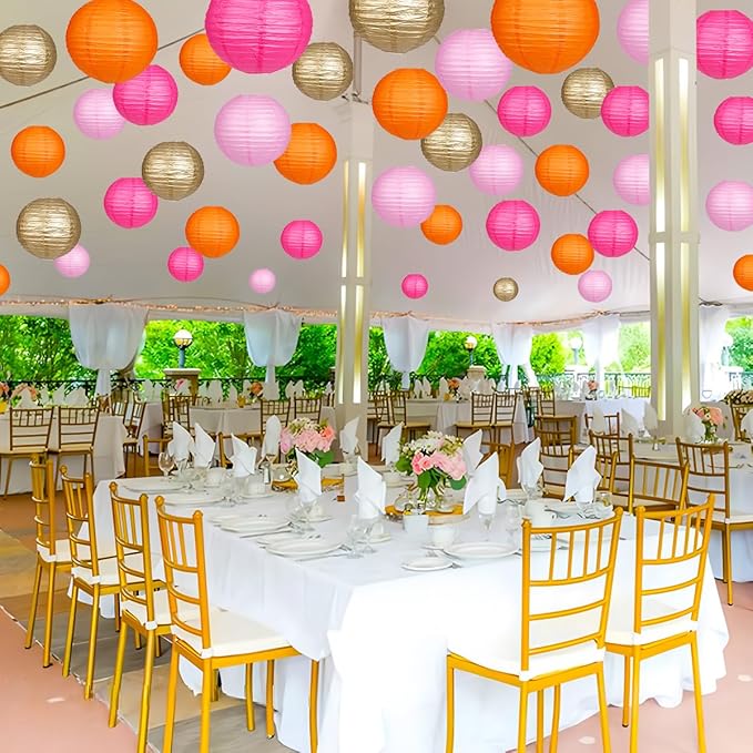 Paper Lanterns Pink Orange Gold Round Hanging Chinese Lanterns for Birthday Party Baby Shower Bridal Shower Decorations Pack of 12