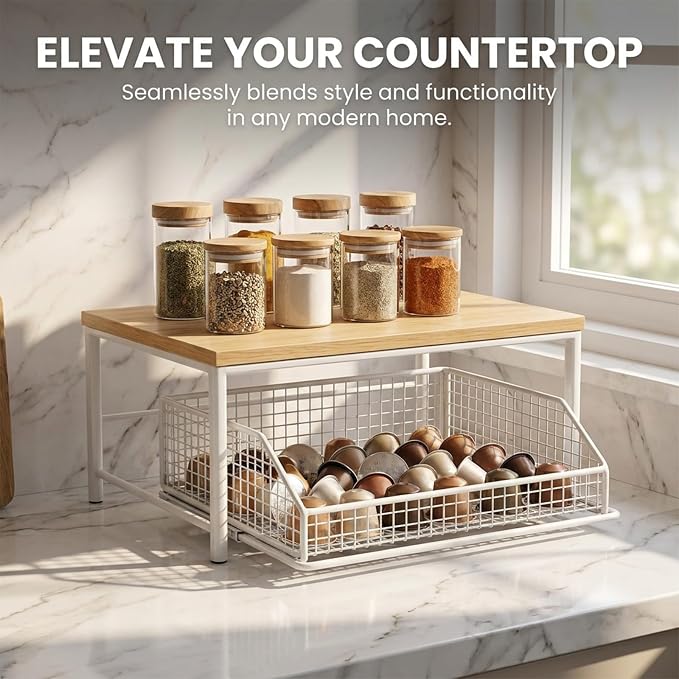 Sakerplus Coffee Pod Holder with Drawers (White) | Coffee Pod Organizer and Coffee Pod Storage for Countertop, Metal Basket Coffee Pod Drawer Organizer for Kitchen, Office