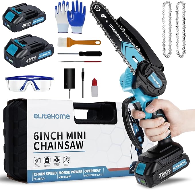 EliteHome Mini Chainsaw Cordless 2 Batteries 6 Inch Electric Portable Handheld Small Chain Saw Battery Powered for Tree Trimming wood cutting