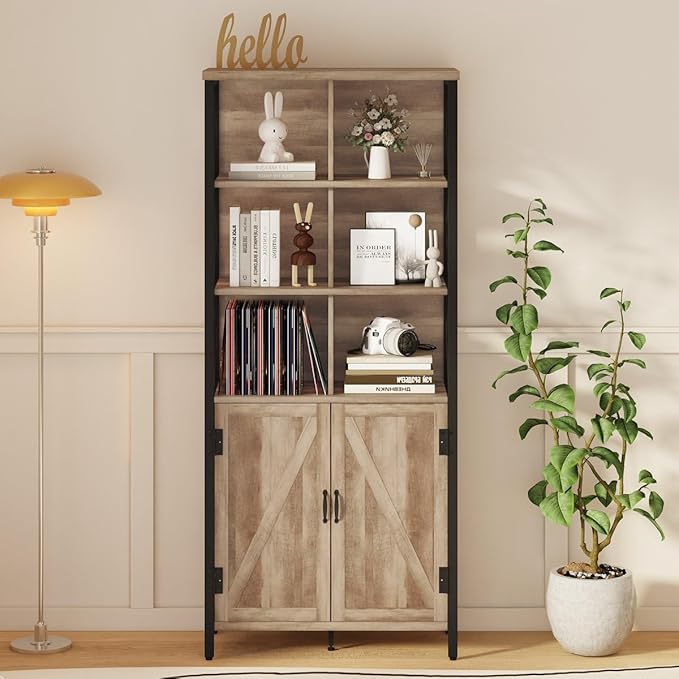 FATORRI Bookshelf with Doors, Rustic Tall Bookshelf with Cabinet, Industrial Farmhouse Book Shelf and Cube Organizer Bookcase for Living Room (Rustic Oak)