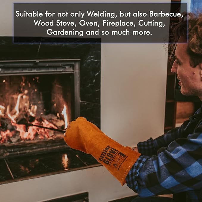 QeeLink Welding Gloves - Heat Resistant Leather and Fireproof Stitching for Fireplace Fire Pit Wood Stove BBQ Gardening Gear