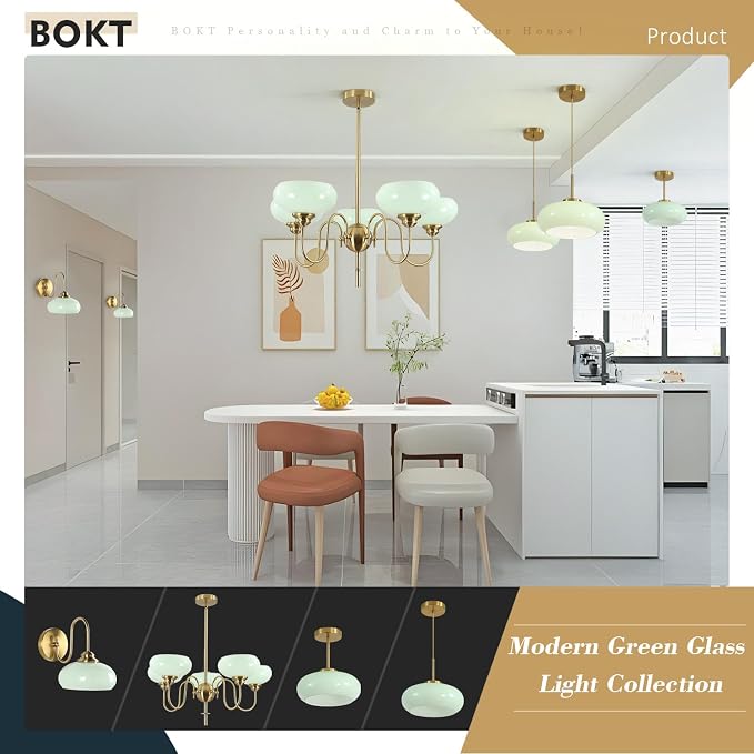 Mid Century Wall Sconce Green Glass Globe Wall Lamp for Dining Room Modern Gold Semi Flush Mount Hard-Wired Wall Light Fixture for Hallway, Kitchen, Indoor Use