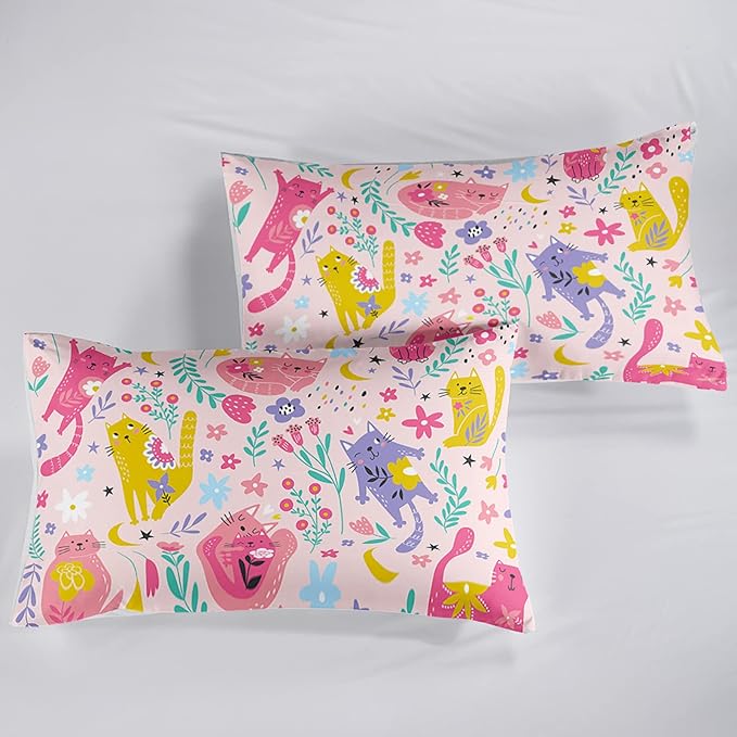 Floral Cat Comforter Full Size,Pink Cat Comforter Set for Kids Teens Girls,3Pcs Bedding Set Printed Comforter with 2 Pillowcases,Down Alternative,Soft and Lightweight(Pink，Full Size)