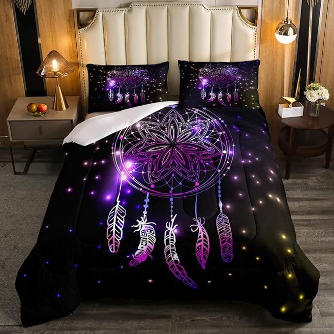 Erosebridal Dream Catcher Feather Comforter Set, Bohemian Mandala Down Comforter Twin Size for Kids Girls Boys, Starry Sky Galaxy Bedding Set Boho Tie Dye Exotic Flower Quilted Duvet, Purple
