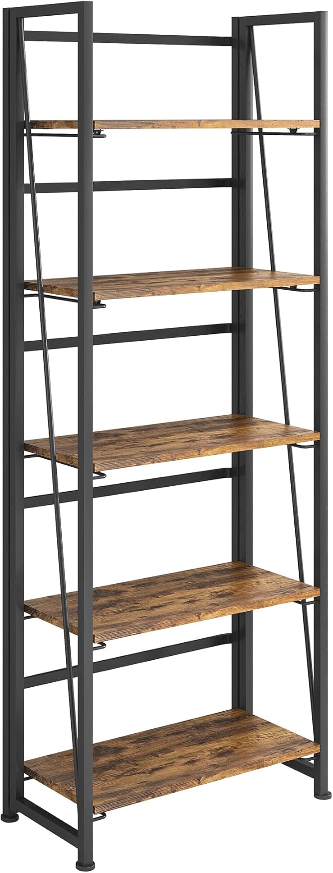 4NM No-Assembly Folding Bookshelf Storage Shelves 5 Tiers Vintage Bookcase Standing Racks Study Organizer Home Office (Rustic Brown and Black)