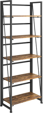4NM No-Assembly Folding Bookshelf Storage Shelves 5 Tiers Vintage Bookcase Standing Racks Study Organizer Home Office (Rustic Brown and Black)