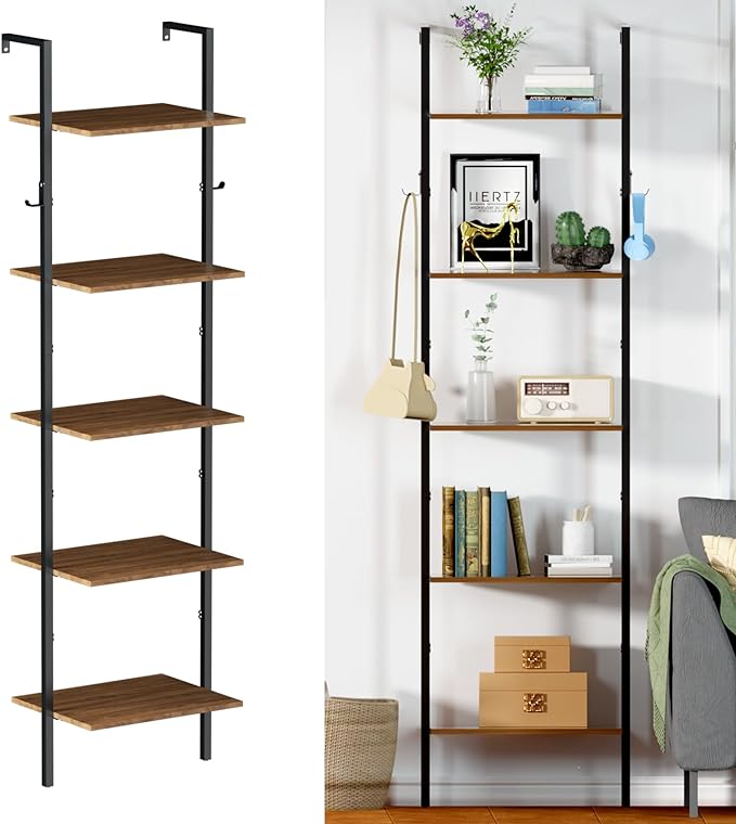 5 Tier Ladder Shelf with 2 Hooks, Modern Metal Wood Bookcase Shelf, Wall Mounted Bookshelf, Standing Display Storage Organizer for Home, Office, Kitchen, Living Room, Bedroom