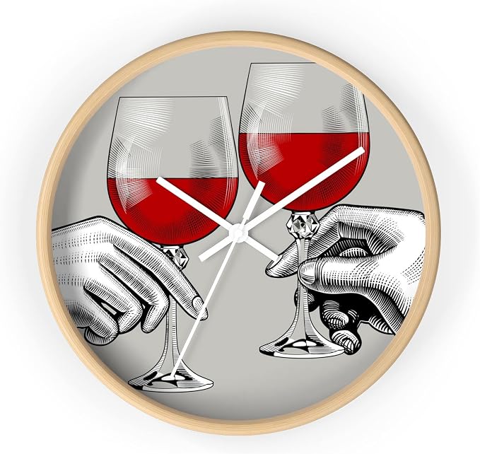 Mozingo ~ Wine Clock for Kitchen Bar Wall It's Wine O'clock Silent Time Gift Home Decor Made In USA, 10" (Hour Marks - None, Clock Frame Color - Natural Wood, Wine Theme #04)
