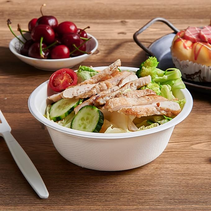 Vplus 180 Pack 16 OZ Paper Bowls, Disposable Compostable Bulk, Eco-friendly Bagasse, Heavy-duty Bowls Perfect for Milk Cereals, Snacks, Salads