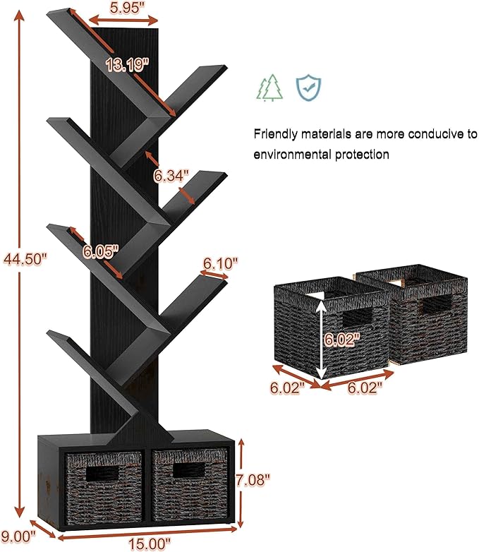 Vagusicc 6 Tier Tree Bookshelf - Modern Shelf Floor Standing Bookcase with Baskets, Tall Wood Book Storage Rack for Books/CDs, Tree Utility Book Organizer Shelves for Living Room, Home Office, Bedroom