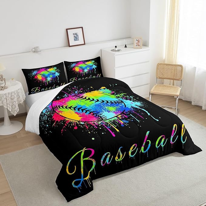 Feelyou Kids Baseball Comforter Set Twin Size Sports Game Bedding Set for Boys Girls Teens Bedroom Decor Baseball Gaming Comforter Women Men Tie Dye Duvet Set with 1 Pillow Case