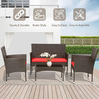 FDW 4 Pieces Wicker Patio Conversation Set Patio Furniture Set with Rattan Chair Loveseats Coffee Table for Outdoor Indoor Garden Backyard Porch Poolside Balcony,Brown Wicker/Red Cushions