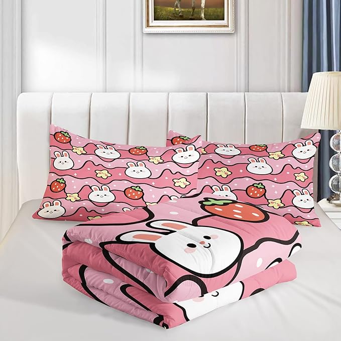Kawaii Rabbit Comforter,Strawberry Rabbit Comforter Set for Kids Teens Girls,3Pcs Bedding Set Printed Comforter with 2 Pillowcases,Down Alternative,Soft and Lightweight(Pink，Twin Size)