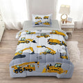 4-Pcs Construction Twin Size Boys Bedding Set, Kids Comforter Set for Teens with Sheets and Pillowcase, Soft Grey Tractor Cars Bed in a Bag Sets