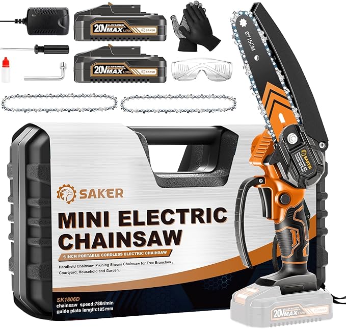 Saker Mini Chainsaw,6 Inch Portable Electric Chainsaw Cordless, Small Handheld Chain saw for Tree Branches,Courtyard, Household and Garden(SK1806D-O)