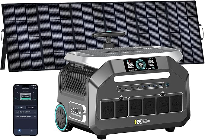 IEE P2400 Solar Generator with 1x500W Solar Panel,2400W AC Outlet(Peak 5000W) Power Station,1800W 1.2H Fast Charge,2048WH Lifepo4 Battery,Below 30DB,5-8MS EPS,Power Generator for Home Backup,RV.