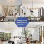 Modern Linear Sputnik Chandelier, Gold Pendant Light Fixture with 7 Amber Glass Globes for Dining Room Light Fixture, Kitchen Island Lighting, Living Room Chandelier, Bedroom, Foyer
