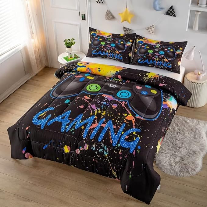 Gamer Comforter Sets for Teen Boys,Gaming Bedding Sets Full,Video Game Bedspread,Game Gamepad Bed Set,Controller Bedding Gamer Home Decor 3 Piece 1 Comforter and 2 Pillowcases