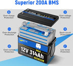 Wattcycle 12V 314Ah Mini LiFePO4 Lithium Battery, 200A BMS & 4.01kWh Energy, Upgraded Cooling Fins & Braided Wires, 4000+ Cycles, Ideal for RV, Marine, Camping, Solar Off-Grid (2-Packs)