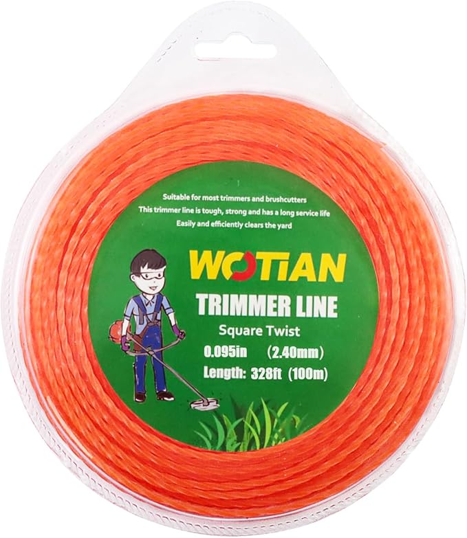 WOTIAN Weed Eater String 0.095 Inches Square Twisted Trimmer Line .095" 328ft Square Twist Weed Wacker String of Premium Nylon Compatible with Stihl Echo Grass Cordless Electric Trimmer,Orange