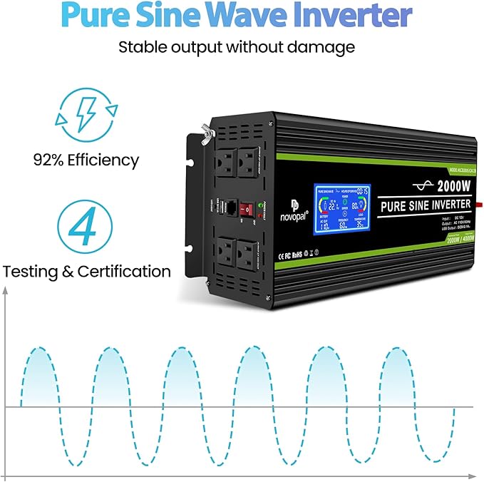 Novopal 2000 Watts Pure Sine Wave Inverter 24V DC to 120V AC Converter for Truck,Home, RV, Off-Grid Power Inverter 24V to 110V with LCD Display, Remote Controller Black