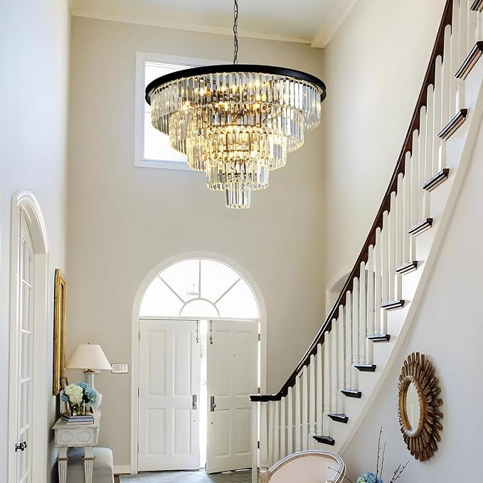 Large Crystal Chandelier 30'' Modern Black Dining Room Light Fixture | 5-Tier K9 Luxury Crystal Pendant Light for High Ceiling Big lighting fixture for Living Room Kitchen Foyer Staircase Entryway