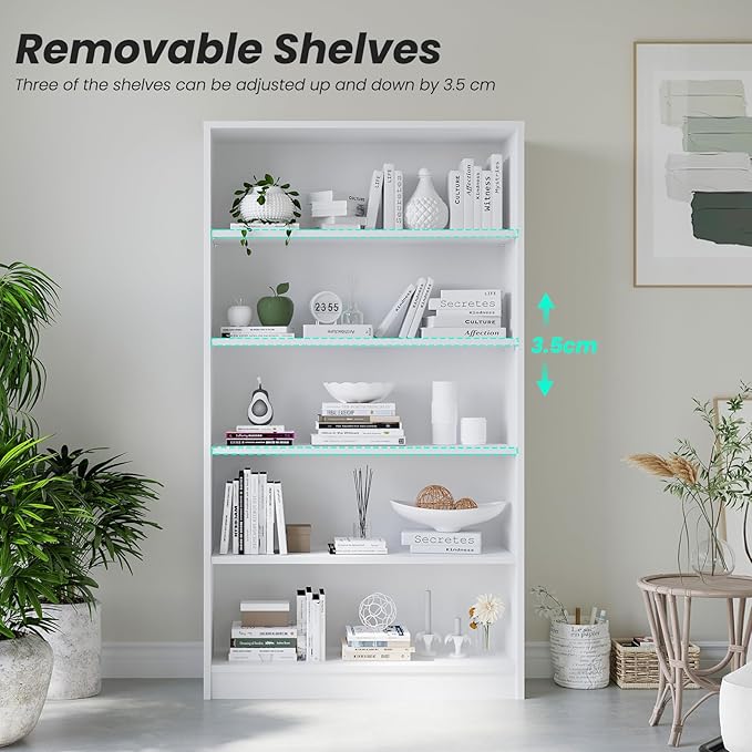 Farini 5 shelf boockase Display Bookcase Freestanding Wooden Bookshelves for Home Office Living Room,60 Inch Height,White
