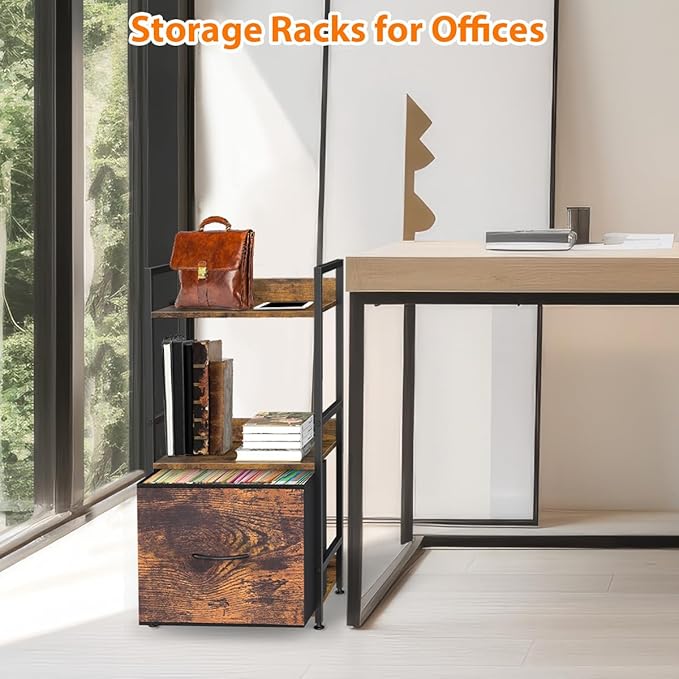 Book Shelf with Storage 3 Tier Narrow Skinny Short Standing Shelves Bookcase with Drawers for Bedroom Living Room, Small Bookshelf for Small Space Rustic Shelf Organizer Office Display Shelf