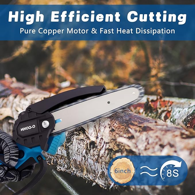 O-CONN Mini Chainsaw Cordless 6 Inch Handheld Chain Saw with Security Lock & Auto Oiler System, Portable Electric Small Chainsaw for Tree Branches, Courtyard, Household & Garden