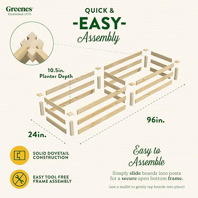 Greenes Fence Original Pine Raised Garden Bed, 2' x 8' x 10.5" - Made in USA with American Pine