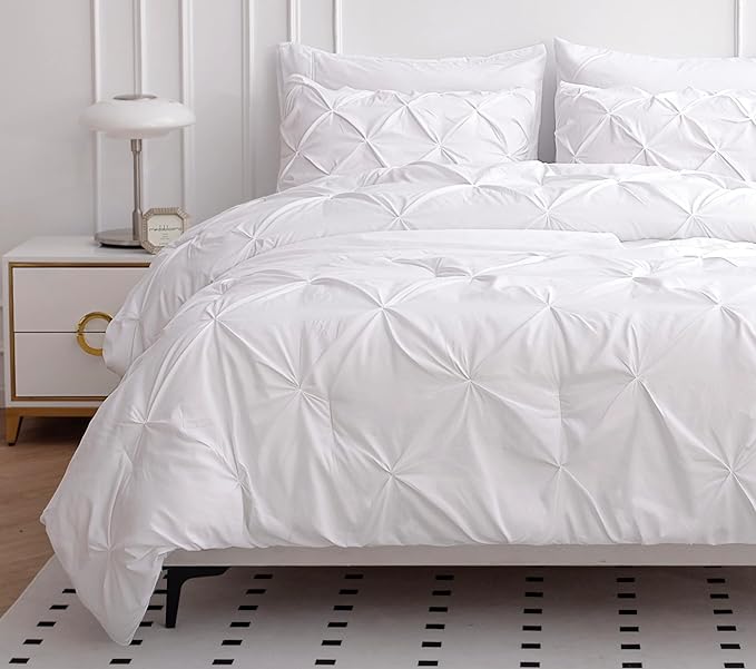 LANE LINEN Full Size Comforter Sets, 7 Piece Bed in a Bag Full Size, Soft Full Size Bed Set, Pintuck Bedding Comforter Sets Full Size, Full Size Comforter Set with Sheets, Pillowcases & Shams - White