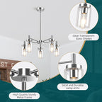 5 Lights Brushed Nickel Modern Farmhouse Chandelier for Dining Room with Glass Shade, Pre-Wired Height Adjustable Pendant Ceiling Lighting Fixture for Dining Living Room Bedroom Kitchen Foyer