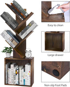 Ochine Tree Bookshelf, 5 Tier Small Bookcase with Large Drawer, Tall Wood Narrow Bookshelves Organizer for CDs/Movies/Books, Floor Standing Book Shelf for Bedroom, Living Room, Home Office