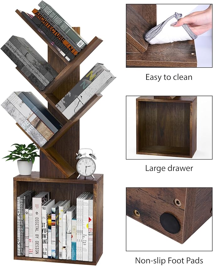 Ochine Tree Bookshelf, 5 Tier Small Bookcase with Large Drawer, Tall Wood Narrow Bookshelves Organizer for CDs/Movies/Books, Floor Standing Book Shelf for Bedroom, Living Room, Home Office