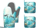 Sea Turtles Oven Mitts and Pot Holders (4PCS),Jellyfish Coral Heat Resistant Non-Slip Silicone Kitchen Gloves for Cooking, Baking, BBQ Waterproof Kitchen Accessories