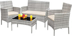 Greesum Patio Furniture 4 Pieces Conversation Sets Outdoor Wickerr Rattan Chairs Garden Backyard Balcony Porch Poolside loveseat with Soft Cushion and Glass Table, Gray and Beige