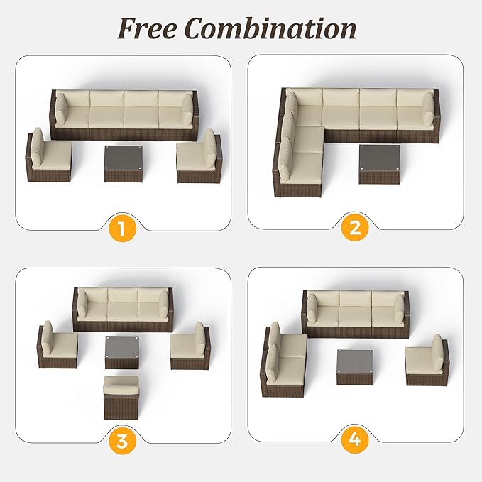 SUNVIVI OUTDOOR 7 Piece Patio Sectional Sofa Outdoor All Weather Brown PE Wicker Furniture Set, Paito Conversation Sofa Set with Glass Table, Removable Beige Cushions