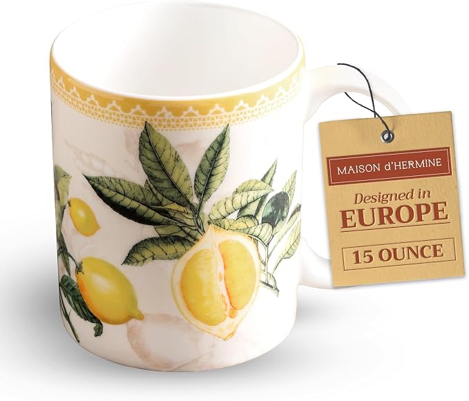 Maison d' Hermine Coffee Mug with Handles Tea Cups (15 Ounce, Pack of 1) | Fine Bone China Coffee Mugs for Hot Beverages Cappuccino Latte Home Restaurant Hotel Spring Summer -Limoncello - Combava