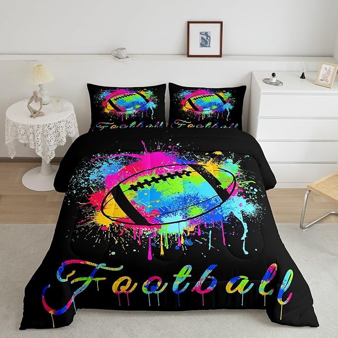 Kids Football Comforter Set Full Size Rugby Sports Game Bedding Set for Boys Girls Teens Bedroom Decor Tie Dye Comforter Women Men Soccer Player Duvet Set with 2 Pillow Case