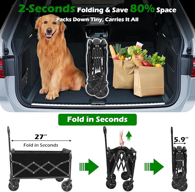 Collapsible Wagons Carts Foldable Wagon, Foldable Wagon Cart with Wheels, Folding Wagons for Beach Camp Sports Garden, 2 Cup Holders/Lightweight Portable/Black/360 LBS