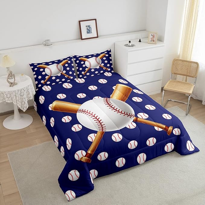 Baseball Comforter Set Sports Bedding Set Ball Comforter for Kids Boys Girls Baseball Games Blue Duvet Set Room Decor Quilt Baseball Bat Print Full Size Boys