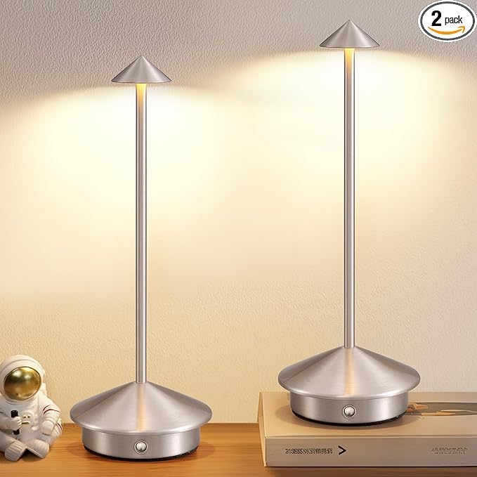 Modern Cordless Table Lamp Set of 2, Portable LED Desk Lamps, 5000mAh Rechargeable Battery Operated Lighting for Bedroom Dining Room Restaurant Coffee Shop Camping Night Light (Brushed Nickel)
