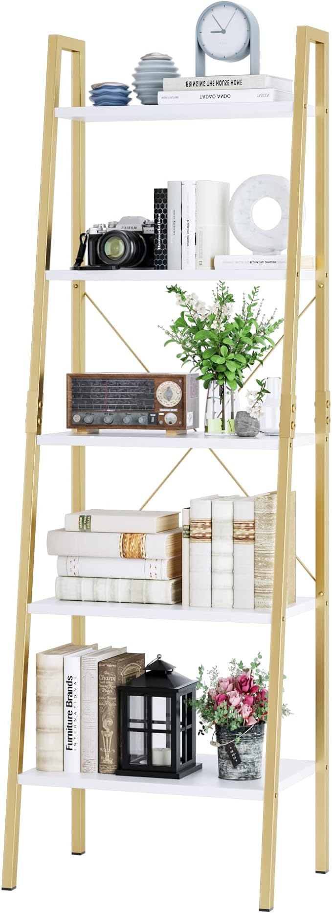 finetones 5-Tier Ladder Shelf, Gold Bookcase Bookshelf with Metal Frame, Display Shelf Plant Rack Accent Furniture for Home Office, White/Golden