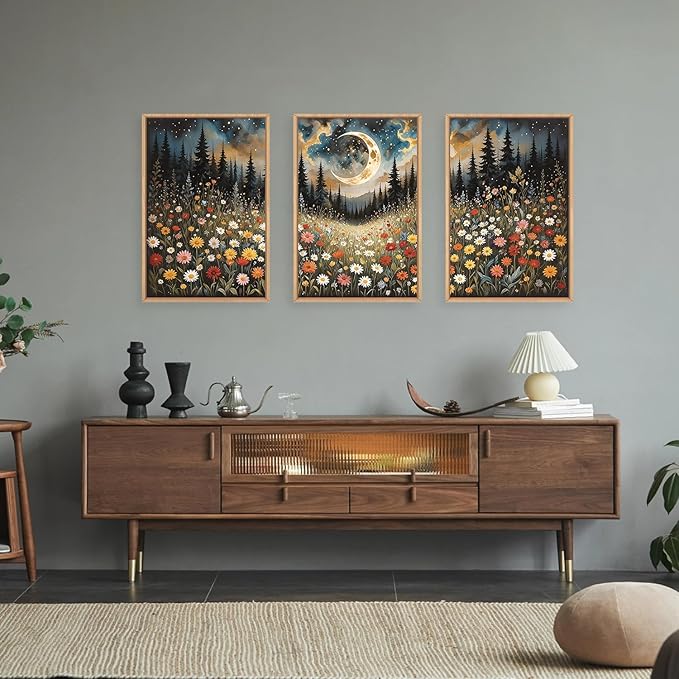HPINUB Wildflower Moon Forest Framed Canvas Wall Art Set,Nature Pine Tree Wall Decor,Mystical Starry Night Artwork Rustic Mountain Landscape Art Print for Living Room,Bedroom,Office-16 x24 x3