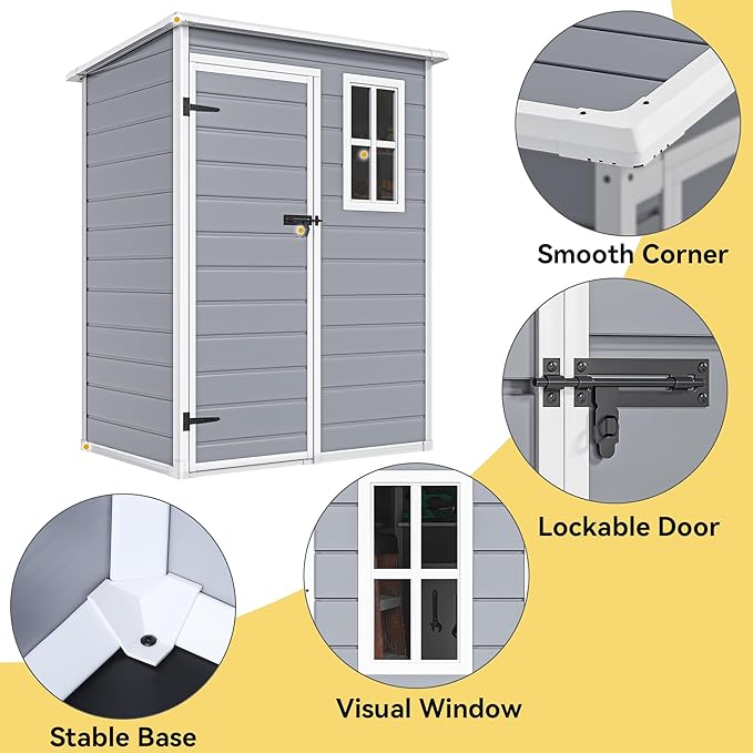 DWVO 5x3ft Resin Outdoor Storage Shed with Floor, Waterproof Lockable Storage Shed with Window, Plastic Outside Tool Storage for Garden, Backyard, Patio, Lawn, Gray